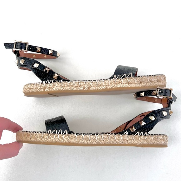 VALENTINO GARAVANI | Black Leather Rockstud Ankle Wrap Flat Espadrille Sandals 8 - Picture 10 of 13